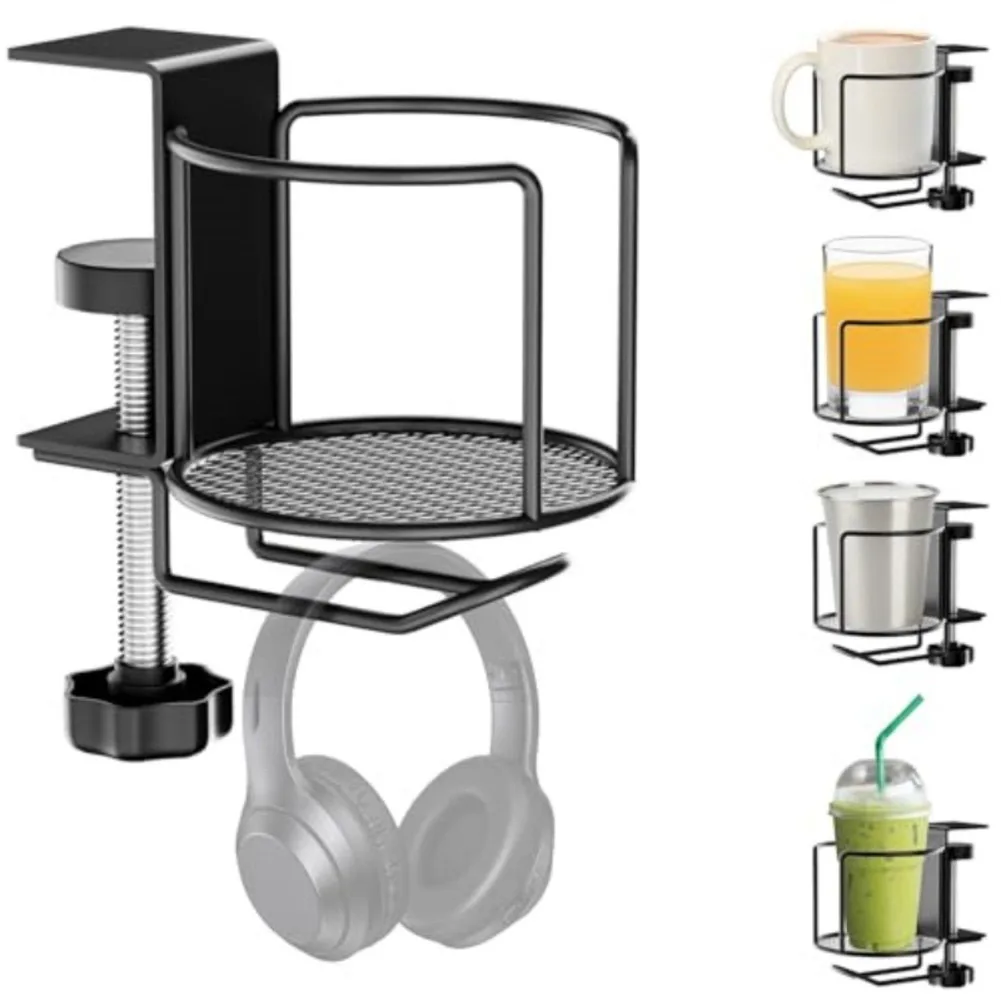 Headphone Stand Desk - ที่วางแก้วแบบปรับได้ 2-in-1 ป้องกันการหก ที่ยึดขวดน้ำแบบหนีบบนโต๊ะ พร้อมที่แขวนหูฟัง